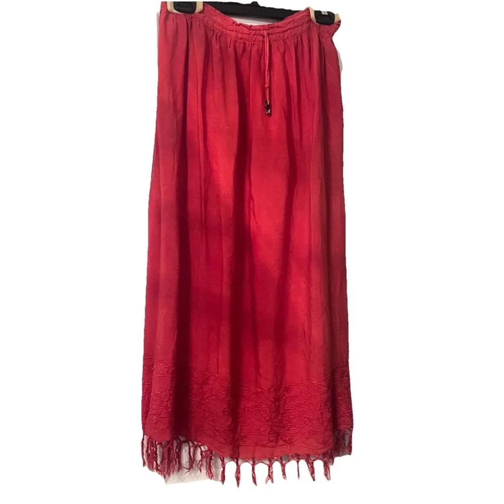 Red Maxi Peasant Skirt Womens S Boho Cottagecore Festival Fringe Flowy